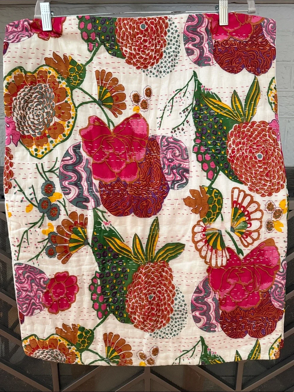 2 Vibrant Floral Quilted Pillow Cover in Pink and Green